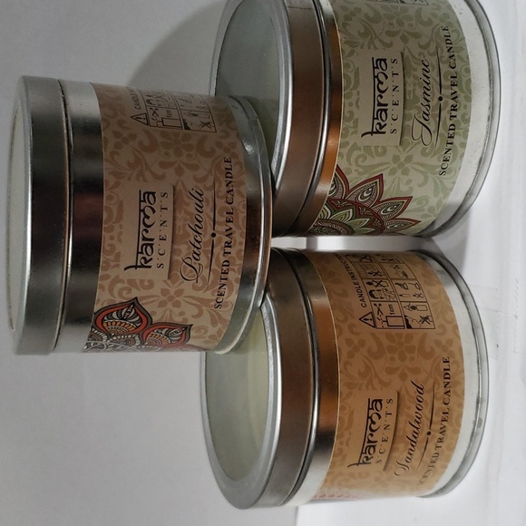 Karma. Set of 3 Candles; Tin Containers; Patchouli, Sandalwood & Jasmine. NWT - Picture 2 of 12
